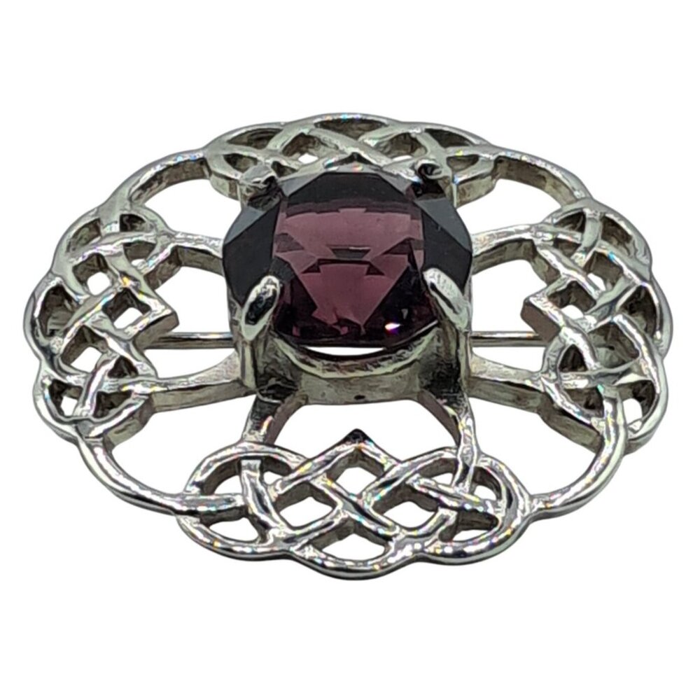 Celtic Knot Brooch Purple Glass Rhinestone Scottish Art Pewter Pin Signed Vintag